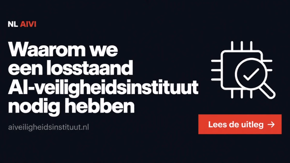 Zwarte kaart met de tekst ‘Waarom we een losstaand AI-veiligheidsinstituut nodig hebben’ en een icoon van een chip onder een vergrootglas met een vinkje