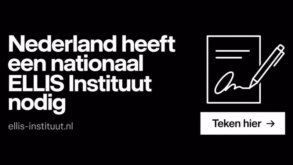 Zwarte kaart met de tekst ‘Nederland heeft een nationaal ELLIS Instituut nodig’ en een icoon van een document dat met een pen wordt ondertekend
