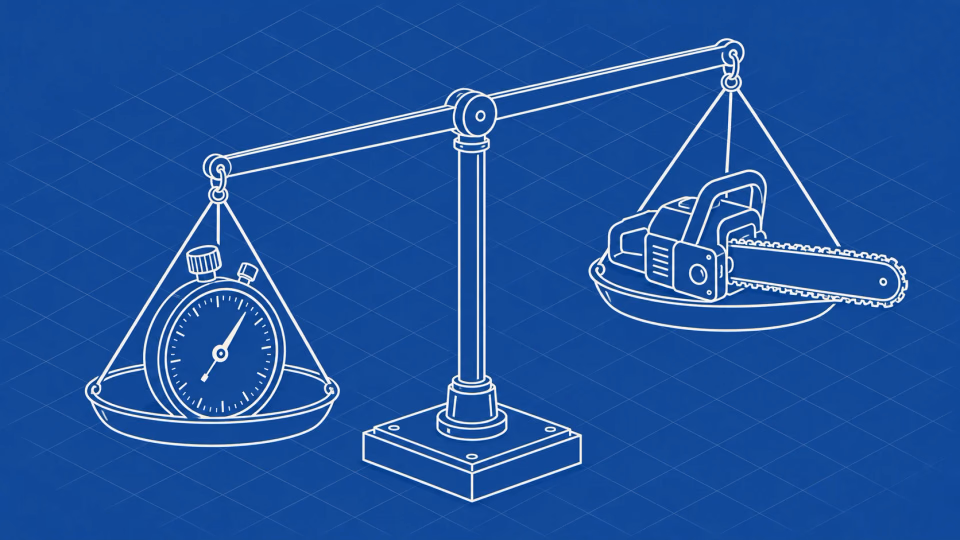 Blauwdruktekening van een weegschaal met een stopwatch op de ene schaal en een kettingzaag op de andere