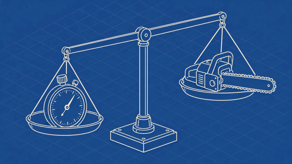 Blauwdruktekening van een weegschaal met een stopwatch op de ene schaal en een kettingzaag op de andere